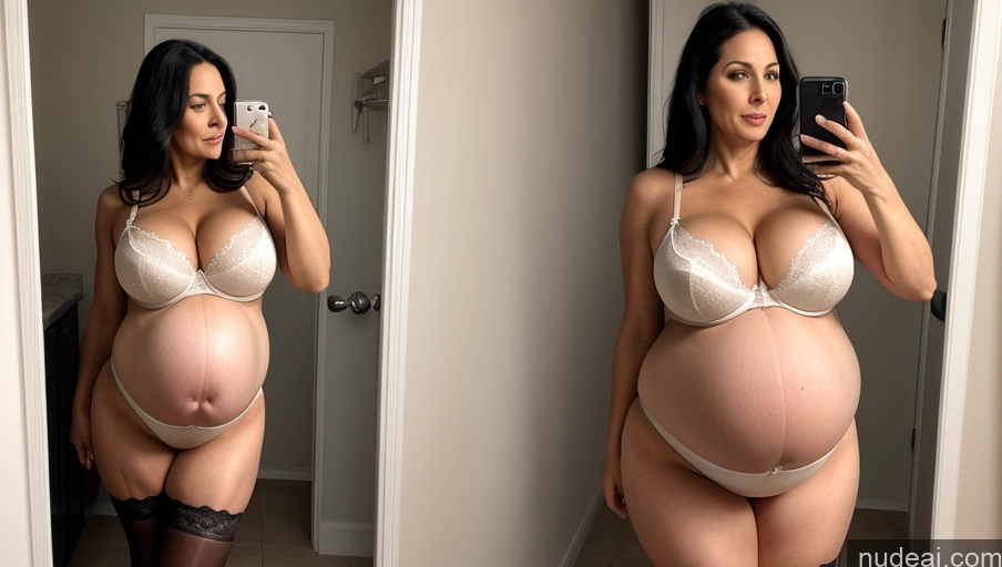 ai nude image of pregnant woman taking a selfie in a mirror in a white bra pics of Milf Huge Boobs Big Ass Pregnant 70s Shocked Black Hair Long Hair Greek Bathroom Bra High Heels Lingerie