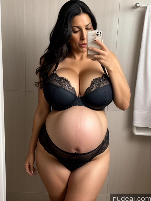 ai nude image of pregnant woman taking a selfie in a black bra and panties pics of Milf Huge Boobs Big Ass Pregnant 70s Shocked Black Hair Long Hair Greek Bathroom Bra High Heels Lingerie