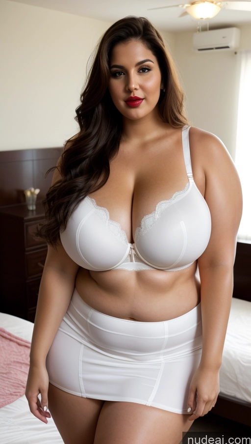 ai nude image of araffe woman in white underwear posing in a bedroom pics of Huge Boobs Big Ass Lipstick Abs Chubby Fairer Skin Long Hair Indian Bedroom Front View Bra Micro Skirt