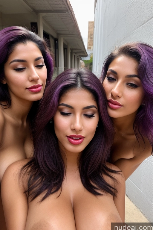 ai nude image of three women with purple hair posing for a picture in front of a building pics of Miss Universe Model Huge Boobs Big Ass Lipstick Long Legs Tanned Skin Orgasm Slicked Nude Purple Hair 18 Cumshot Egyptian