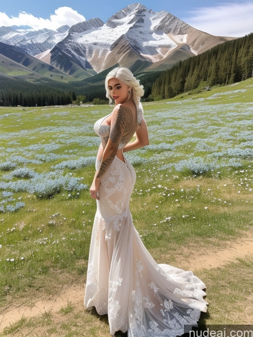 ai nude image of a woman in a wedding dress standing in a field of flowers pics of Bimbo Perfect Boobs Beautiful Tattoos Lipstick Big Ass Perfect Body Fairer Skin 20s Blue Hair Slicked Persian Wedding Diamond Jewelry Meadow