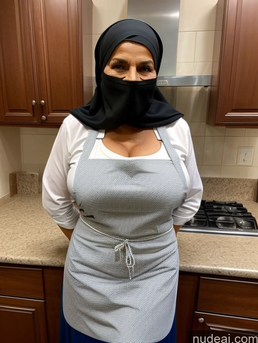 ai nude image of woman wearing a black scarf and a gray apron standing in a kitchen pics of Miss Universe Model Busty Perfect Boobs Abs Muscular 80s Soft + Warm Apron Niqab