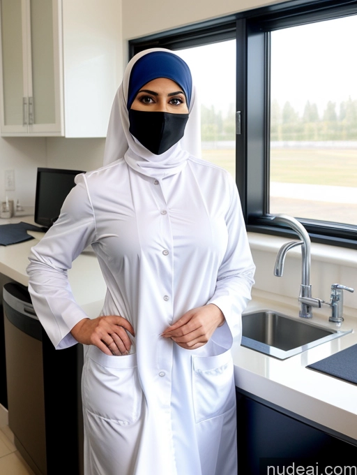 ai nude image of woman in white robe and black mask standing in kitchen with sink pics of Busty Perfect Boobs Abs Muscular Soft + Warm Niqab Beautiful Athlete Lab Coat