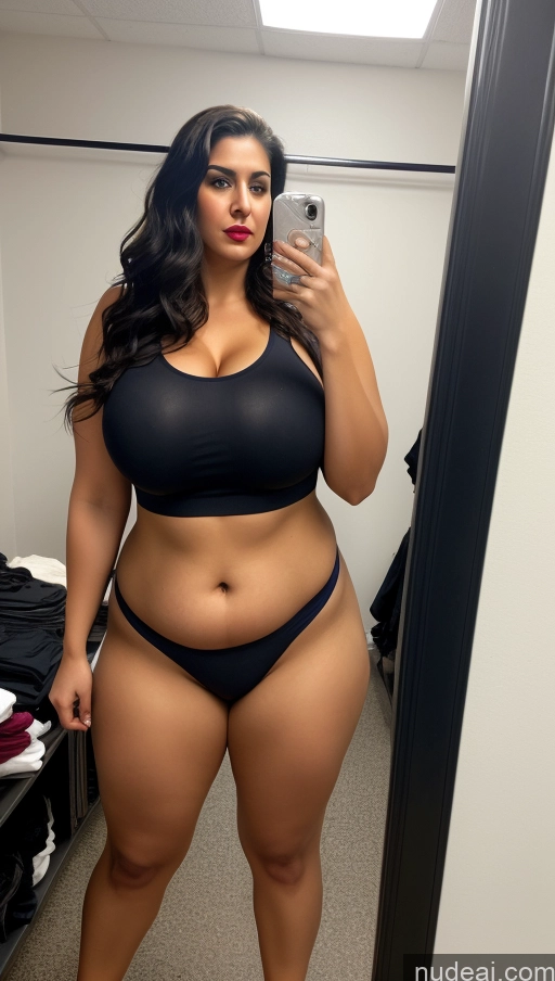 ai nude image of araffe woman in a black bikini taking a selfie in a mirror pics of Huge Boobs Big Ass Abs Chubby Fairer Skin Long Hair Lipstick Front View Indian Changing Room Police