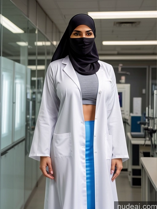 ai nude image of arafed woman in a lab coat and a scarf standing in a lab pics of Busty Perfect Boobs Beautiful Muscular Soft + Warm Abs Niqab Long Skirt Lab Coat