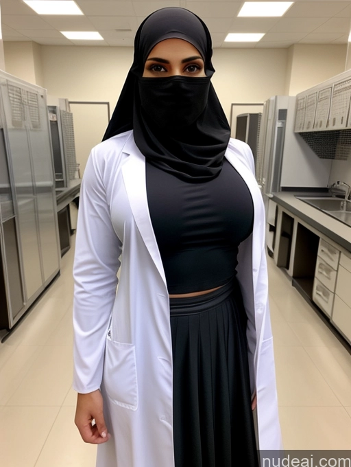 ai nude image of arafed woman in a lab coat and black skirt standing in a lab pics of Busty Perfect Boobs Beautiful Muscular Soft + Warm Abs Niqab Long Skirt Lab Coat