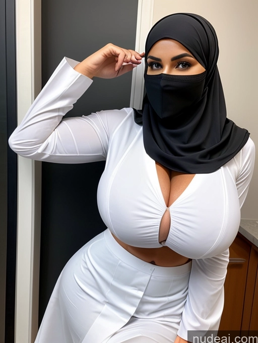 ai nude image of araffe wearing a black hijab and a white dress pics of Busty Perfect Boobs Beautiful Muscular Soft + Warm Abs Niqab Long Skirt Lab Coat Huge Boobs