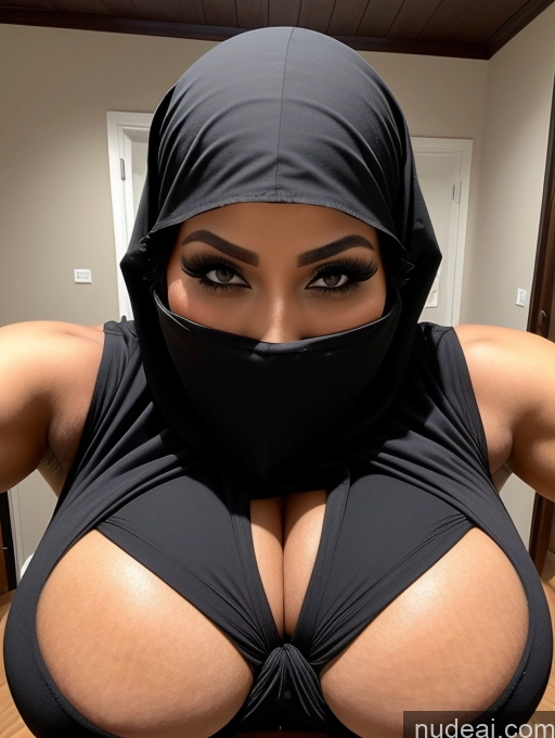 ai nude image of araffe wearing a black head scarf and a black top pics of Busty Huge Boobs Perfect Boobs Beautiful Muscular Abs Soft + Warm Ninja Niqab