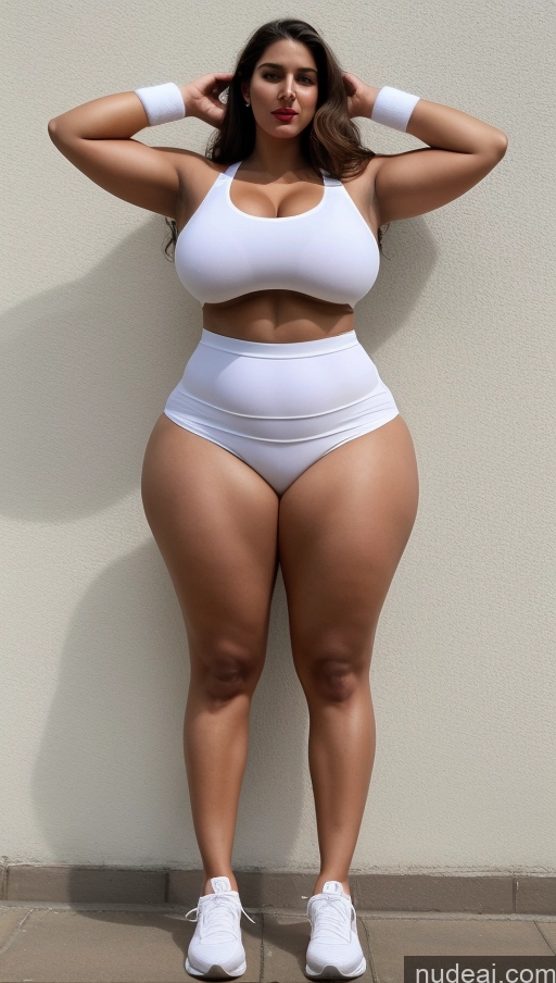 ai nude image of a woman in a white top and white shorts posing for a picture pics of Huge Boobs Big Ass Abs Chubby Lipstick Fairer Skin Long Hair Indian T-pose Tennis