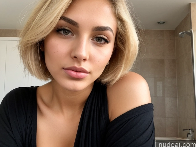 ai nude image of blond woman with a black top and a black top posing for a picture pics of Model Beautiful Perfect Boobs Perfect Body Small Ass 18 Middle Eastern Soft + Warm Front View Nude Pouting Lips Blonde Short Hair Cumshot