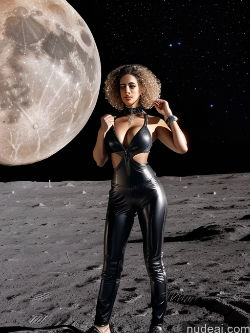 ai nude image of woman in black latex posing in front of a full moon pics of Woman One Perfect Boobs 20s Serious White Hair Curly Hair Arabic Mirror Selfie Moon Front View Working Out Leather Partially Nude Jewelry Bright Lighting Detailed