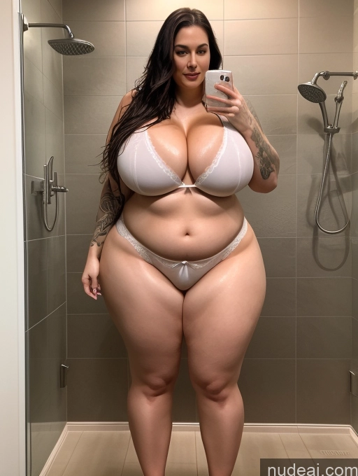 ai nude image of araffe woman taking a selfie in a bathroom with a shower pics of Woman Busty Huge Boobs Perfect Boobs Beautiful Big Ass Tattoos Thick Chubby Big Hips Long Legs Tall Perfect Body Oiled Body Fairer Skin 30s Bikini Underwear Lingerie Bathrobe Front View Shower