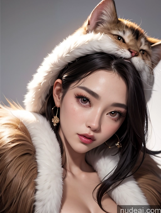 ai nude image of there is a woman wearing a furry coat and a cat on her head pics of Korean Perfect Boobs Fur