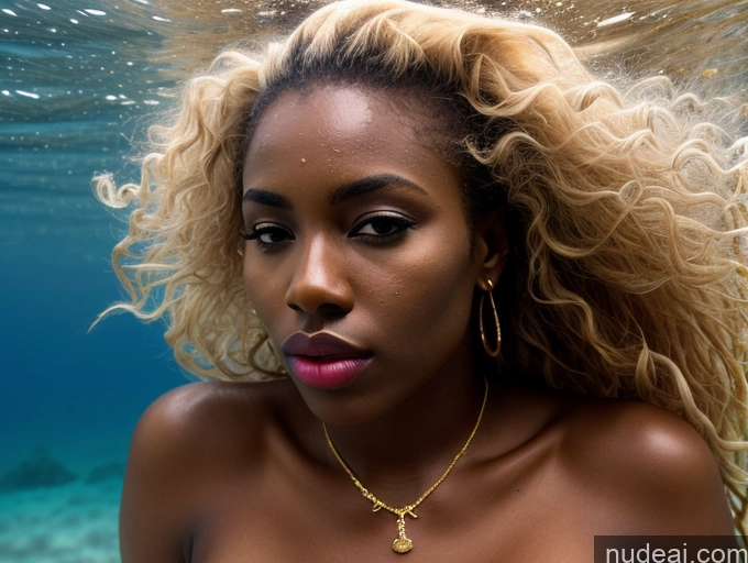 ai nude image of blond woman with long curly hair under water with a necklace pics of Pouting Lips Pubic Hair Lipstick Blonde Dark Skin Serious Black Gold Jewelry Perfect Boobs 18 Underwater Front View Long Hair