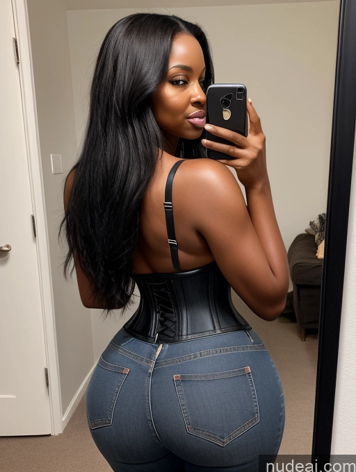 ai nude image of araffe woman in a corset taking a selfie in a mirror pics of Woman Huge Boobs Perfect Boobs Big Ass Big Hips 30s Black Hair Long Hair African Front View Jeans Corset Mirror Selfie