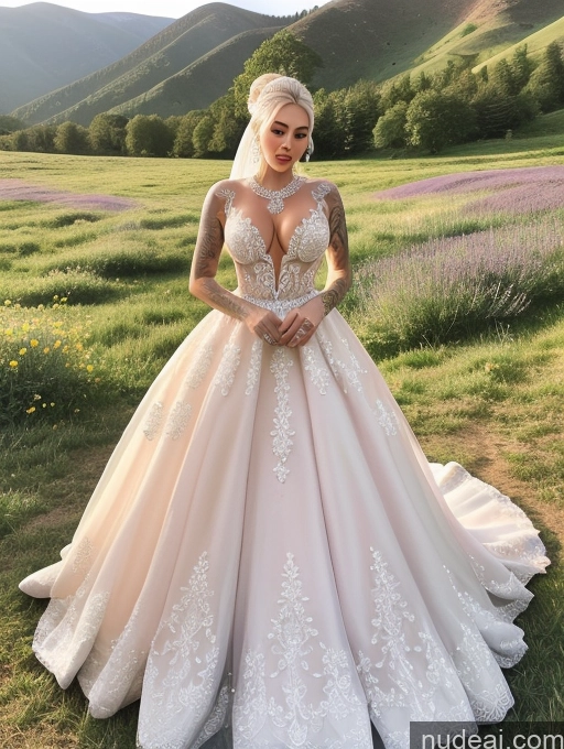 ai nude image of a woman in a wedding dress standing in a field pics of Bimbo Beautiful Tattoos Fairer Skin Perfect Body 20s Purple Hair Slicked Meadow Wedding Diamond Jewelry