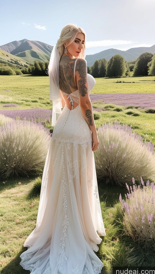 ai nude image of a woman in a wedding dress standing in a field of lavender pics of Bimbo Beautiful Tattoos Fairer Skin Perfect Body 20s Purple Hair Meadow Wedding