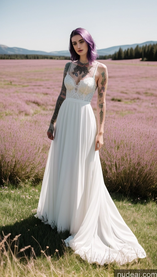 ai nude image of a woman with purple hair and tattoos standing in a field pics of Beautiful Tattoos Fairer Skin Perfect Body 20s Purple Hair Meadow Wedding Model