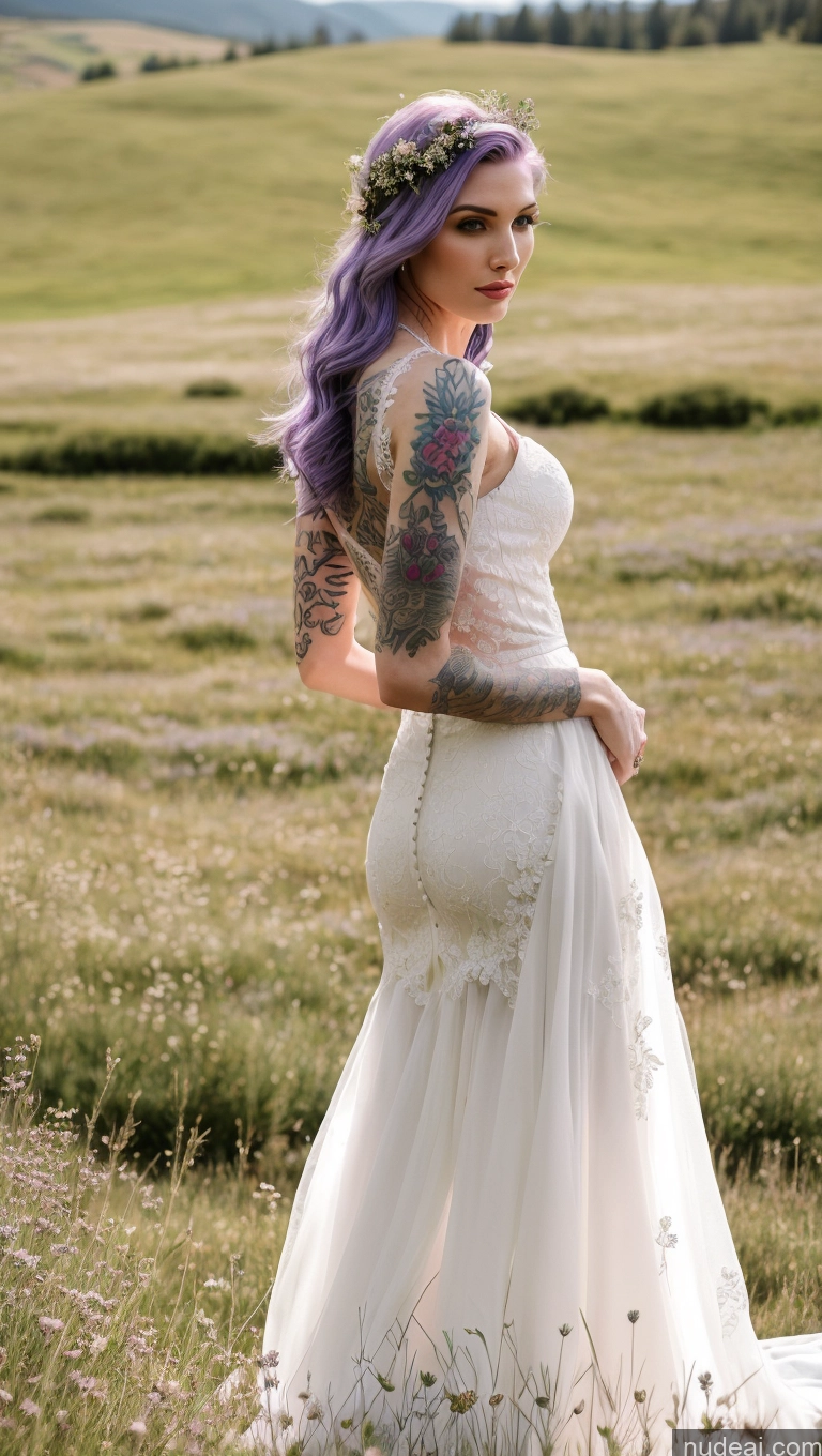 ai nude image of arafed woman with purple hair and tattoos in a field pics of Beautiful Tattoos Fairer Skin Perfect Body 20s Purple Hair Meadow Wedding Model Persian Front View