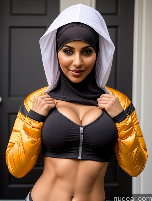 ai nude image of there is a woman in a black and gold outfit posing for a picture pics of Busty Perfect Boobs Beautiful Muscular Abs Perfect Body Halloween Crop Top Jacket Niqab