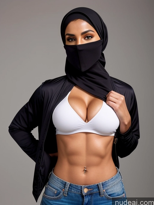 ai nude image of arafed woman in a black scarf and white top posing for a picture pics of Busty Perfect Boobs Beautiful Muscular Abs Perfect Body Crop Top Jacket Niqab Jeans