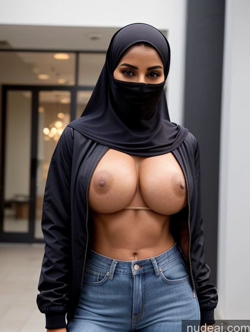 ai nude image of arafed woman in a black hijab and a black hood pics of Busty Perfect Boobs Beautiful Muscular Abs Perfect Body Crop Top Jacket Niqab Jeans