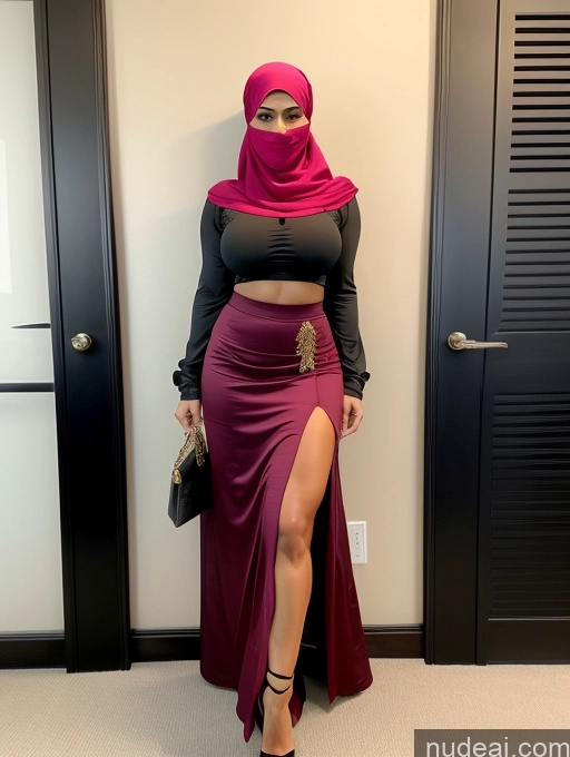 ai nude image of araffe wearing a hijab and a skirt with a slit pics of Busty Perfect Boobs Beautiful Muscular Abs Perfect Body Niqab High Heels Blouse Long Skirt