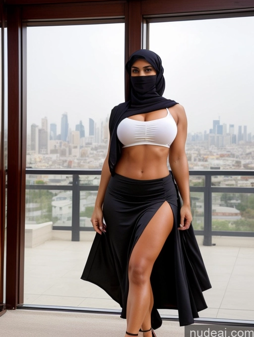 ai nude image of woman in a black skirt and white top posing in front of a window pics of Busty Perfect Boobs Beautiful Muscular Abs Perfect Body Niqab High Heels Blouse Long Skirt