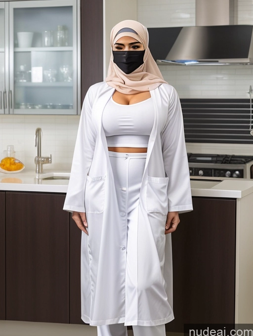 ai nude image of woman in white robe and mask standing in kitchen with sink and counter pics of Busty Perfect Boobs Beautiful Muscular Abs Perfect Body Niqab Lab Coat Soft + Warm