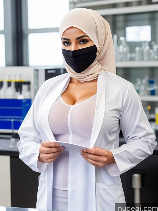 ai nude image of arafed woman in a lab coat and mask holding a piece of paper pics of Busty Perfect Boobs Beautiful Muscular Abs Perfect Body Niqab Lab Coat Soft + Warm