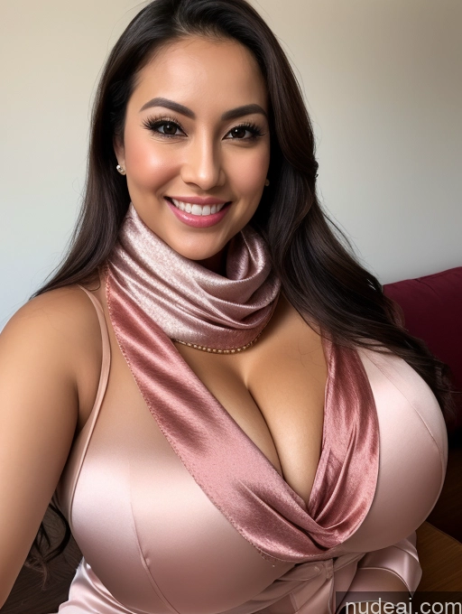 ai nude image of araffe woman in a pink dress posing for a picture pics of Woman One Huge Boobs Beautiful 30s Brunette Slicked Indonesian Close-up View Busty Happy Blouse Cleavage Satin Scarf