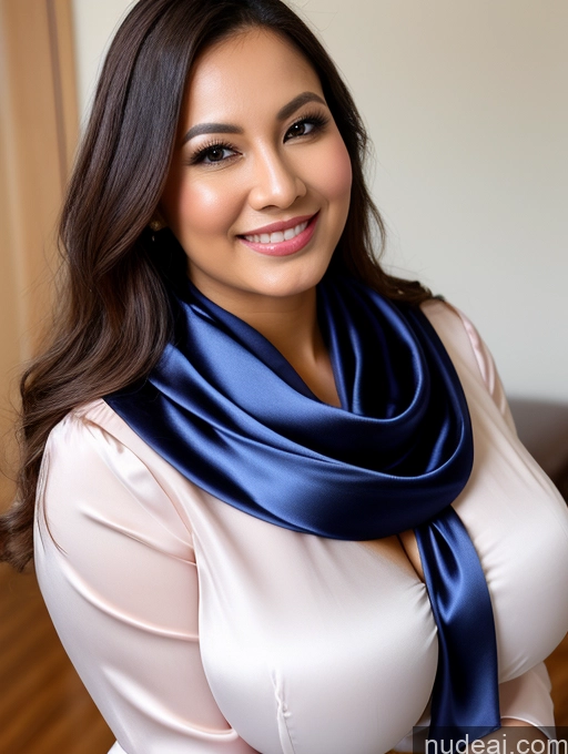 ai nude image of arafed woman wearing a blue scarf and a white shirt pics of Woman One Huge Boobs Beautiful 30s Brunette Slicked Indonesian Close-up View Busty Happy Blouse Cleavage Satin Scarf