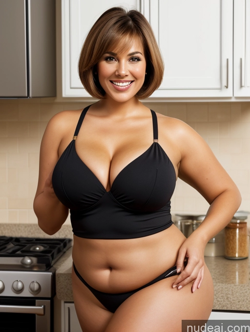 ai nude image of araffe woman in a black bra top posing in a kitchen pics of Busty Perfect Boobs Beautiful Big Ass Chubby Big Hips Perfect Body 60s Happy Short Hair Kitchen Front View Bikini