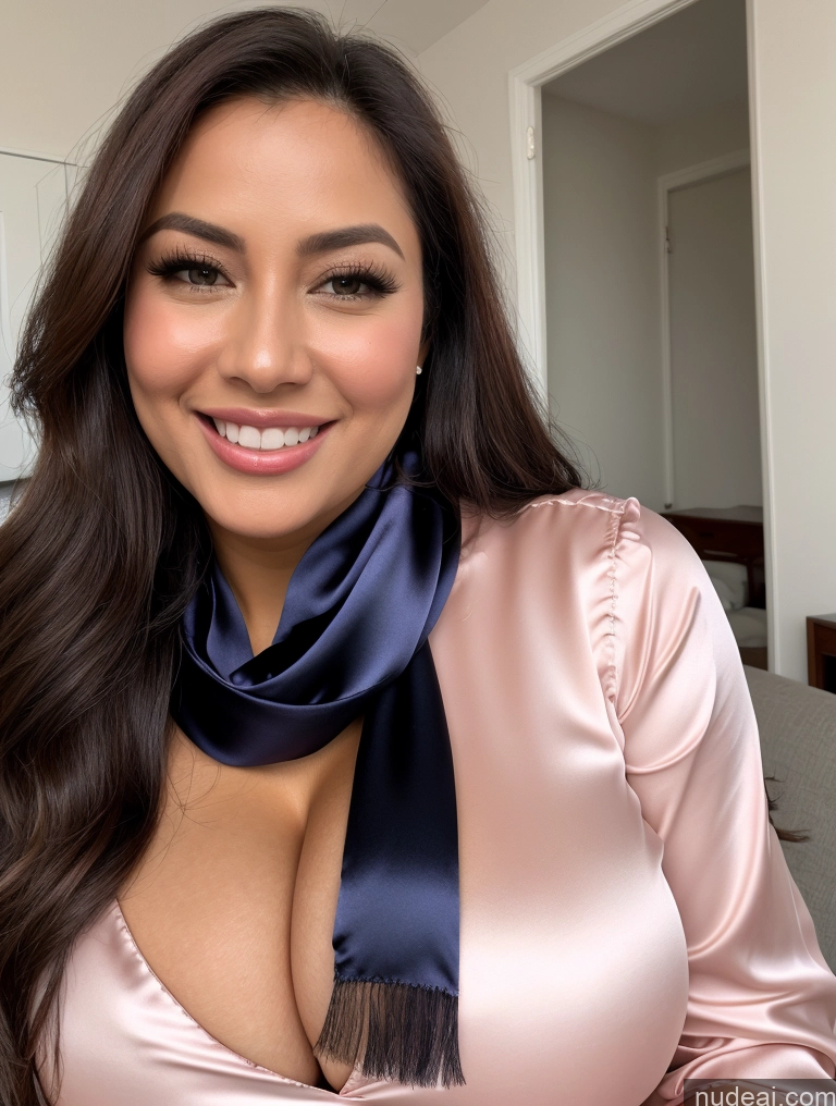 ai nude image of smiling woman in pink shirt and blue scarf posing for camera pics of Woman One Huge Boobs Beautiful 30s Brunette Slicked Indonesian Close-up View Busty Happy Blouse Cleavage Satin Scarf