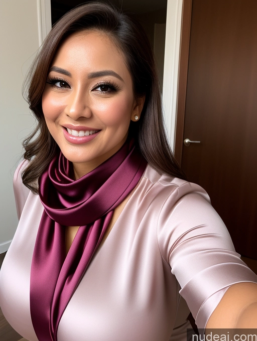 ai nude image of arafed woman in a pink shirt and purple scarf taking a selfie pics of Woman One Huge Boobs Beautiful 30s Brunette Slicked Indonesian Close-up View Busty Happy Blouse Cleavage Satin Scarf