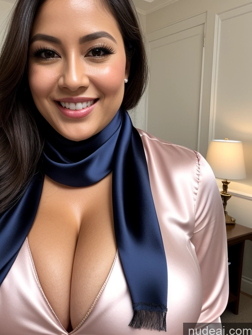 ai nude image of there is a woman wearing a pink shirt and a blue scarf pics of Woman One Huge Boobs Beautiful 30s Brunette Slicked Indonesian Close-up View Busty Happy Blouse Cleavage Satin Scarf