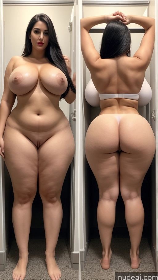 ai nude image of arafed woman with a big ass standing in a bathroom pics of Huge Boobs Lipstick Big Ass Abs Chubby Fairer Skin Long Hair Black Hair Indian Cosplay Nude T-pose Changing Room