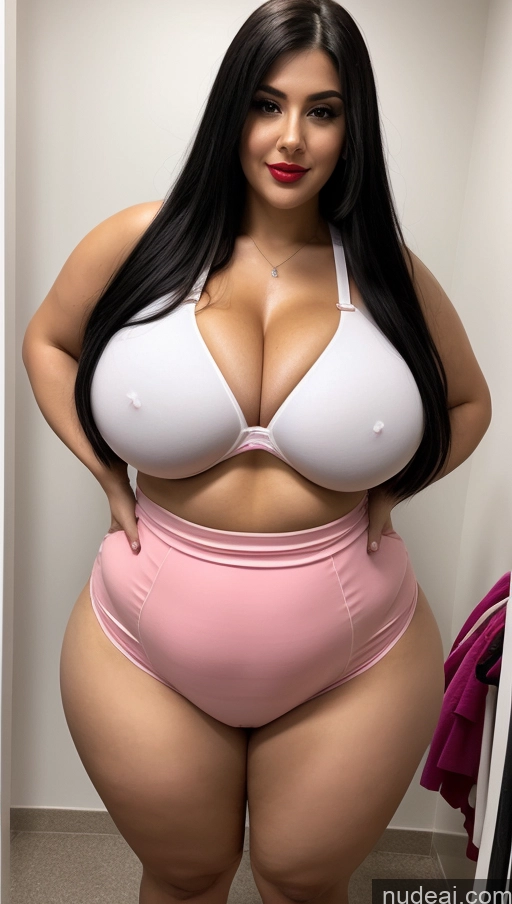 ai nude image of araffe woman in a pink panties and a white bra pics of Huge Boobs Lipstick Big Ass Abs Chubby Fairer Skin Long Hair Black Hair Indian Cosplay Changing Room