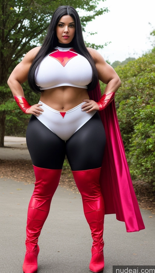 ai nude image of araffe woman in a red cape and black and white outfit pics of Huge Boobs Big Ass Abs Chubby Muscular Fairer Skin Long Hair Lipstick Black Hair Cosplay Superhero