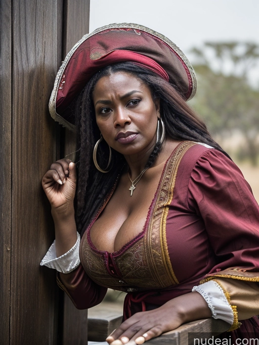 ai nude image of there is a woman in a red dress and a hat posing for a picture pics of Milf Huge Boobs Big Ass Big Hips Dark Skin 50s Pouting Lips Angry Black Hair Ethiopian Front View Plank Medieval Pirate French Musketeer Dress