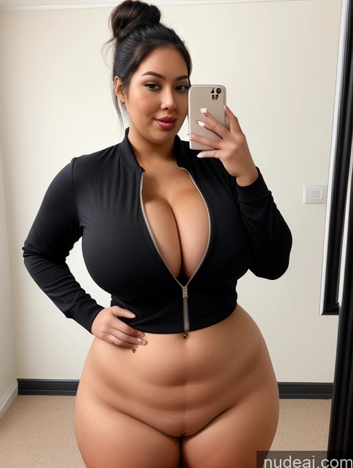 ai nude image of araffe woman taking a selfie in a mirror with a cell phone pics of One Ahegao Alternative Huge Boobs Tall Thick Chubby Beautiful Big Ass Spreading Legs Black Hair Hair Bun 30s Woman Topless Teacher Mirror Selfie