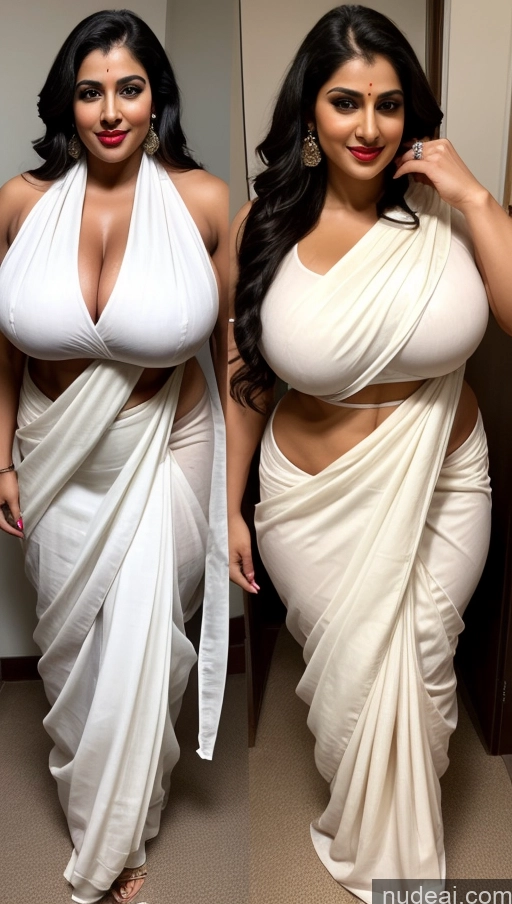 ai nude image of a close up of two women in white dresses posing for a picture pics of Huge Boobs Lipstick Muscular Big Ass Abs Chubby Fairer Skin Black Hair Long Hair Indian Sari