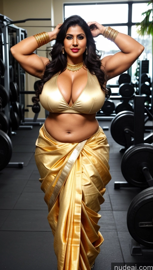 ai nude image of a woman in a gold sari posing for a picture pics of Huge Boobs Lipstick Muscular Big Ass Abs Chubby Fairer Skin Black Hair Long Hair Working Out Gym Indian Traditional Gold Jewelry Sari