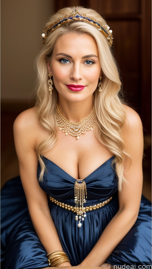 ai nude image of blond woman in blue dress with gold jewelry and necklace pics of Woman Small Tits Beautiful Lipstick Pubic Hair Perfect Body Pouting Lips Happy Scandinavian Close-up View Dress Partially Nude Cleavage Tribal Traditional Viking High Heels Victorian 50s Diamond Jewelry Gold Jewelry Jewelry Pearl Jewelry