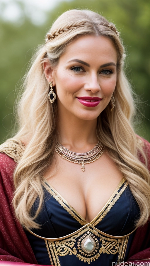 ai nude image of blond woman in medieval dress with a red cape and gold jewelry pics of Woman Small Tits Beautiful Lipstick Pubic Hair Perfect Body Pouting Lips Happy Scandinavian Close-up View Dress Partially Nude Cleavage Tribal Traditional Viking High Heels Victorian 50s Diamond Jewelry Gold Jewelry Jewelry Pearl Jewelry