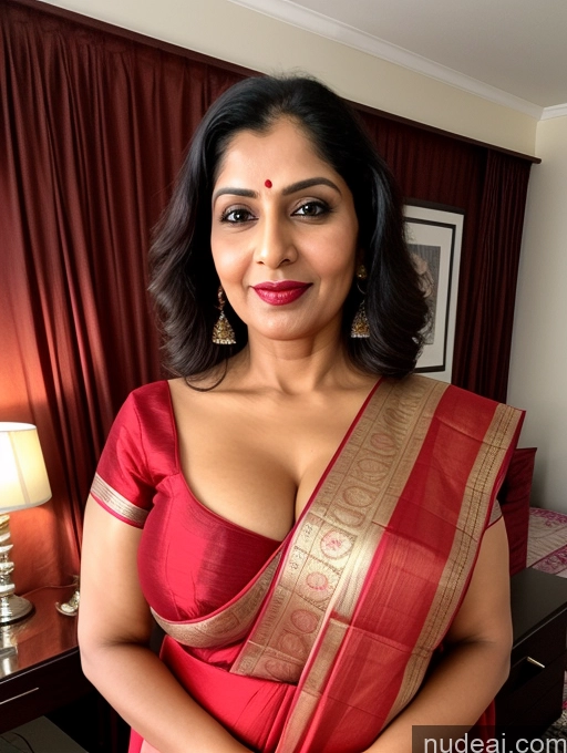 ai nude image of arafed woman in a red sari posing for a picture pics of Milf Perfect Boobs Lipstick Sexy Face Indian Bedroom Front View Cleavage 20s Sari