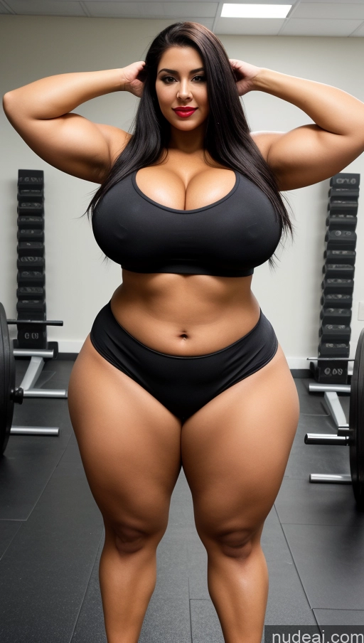 ai nude image of arafed woman in a black bikini posing in a gym pics of Huge Boobs Big Ass Abs Lipstick Chubby Big Hips Muscular Fairer Skin Black Hair Long Hair Indian Cosplay Working Out Gym