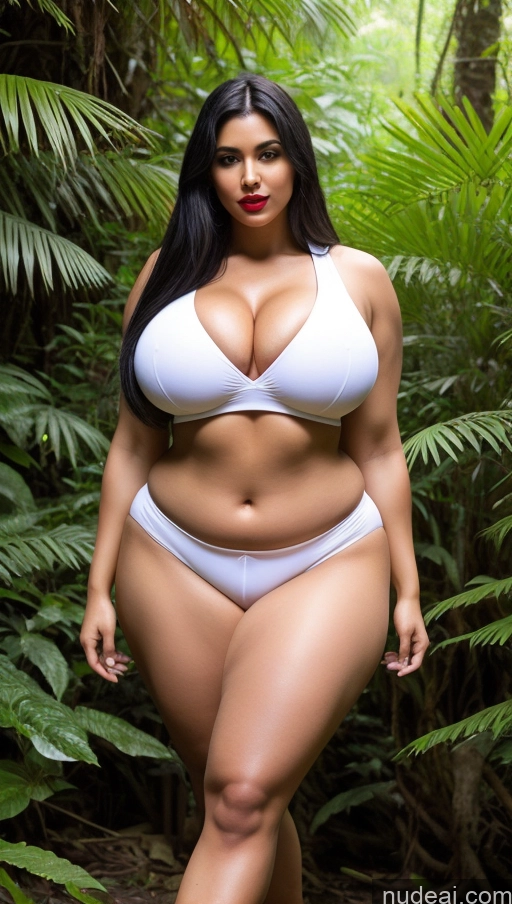 ai nude image of araffe woman in a white bikini posing in the jungle pics of Huge Boobs Big Ass Abs Lipstick Chubby Big Hips Muscular Fairer Skin Black Hair Long Hair Indian Cosplay Jungle