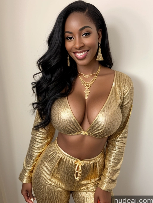 ai nude image of araffe woman in gold outfit posing for a picture pics of Perfect Boobs Big Hips 20s Happy Black Hair Long Hair African Western Stylish Jewelry Gold Jewelry Diamond Jewelry Pajamas