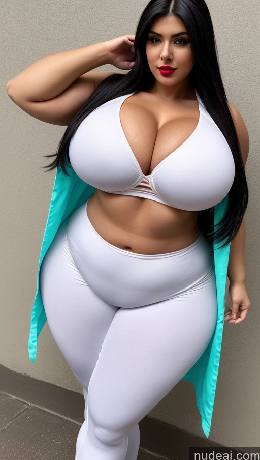 ai nude image of a woman in white pants and a blue jacket posing for a picture pics of Huge Boobs Big Ass Abs Lipstick Chubby Big Hips Muscular Fairer Skin Black Hair Long Hair Indian Cosplay